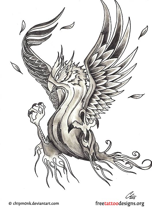 Black And Grey Flying Japanese Phoenix Tattoo Design For Girl