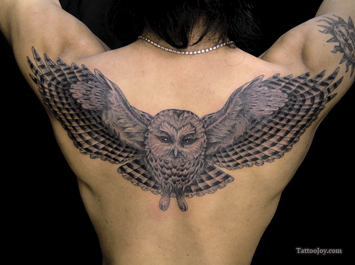 Black And Grey Flying Owl Tattoo On Upper Back