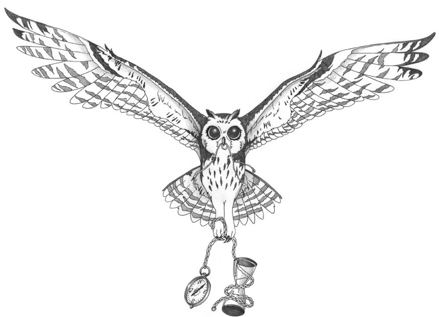 Black And Grey Flying Owl With Pocket Watch With Hourglass Tattoo Design