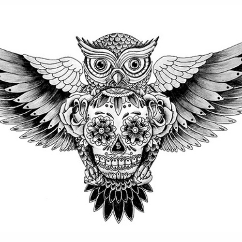 Black And Grey Flying Owl With Sugar Skull Tattoo Design