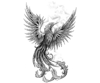 Black And Grey Flying Phoenix Bird Tattoo Design