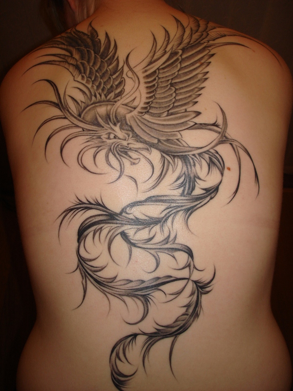 Black And Grey Flying Phoenix Tattoo Design For Full Back