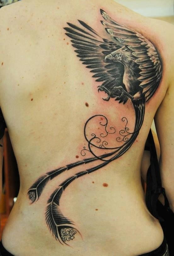 Black And Grey Flying Phoenix Tattoo On Full Back