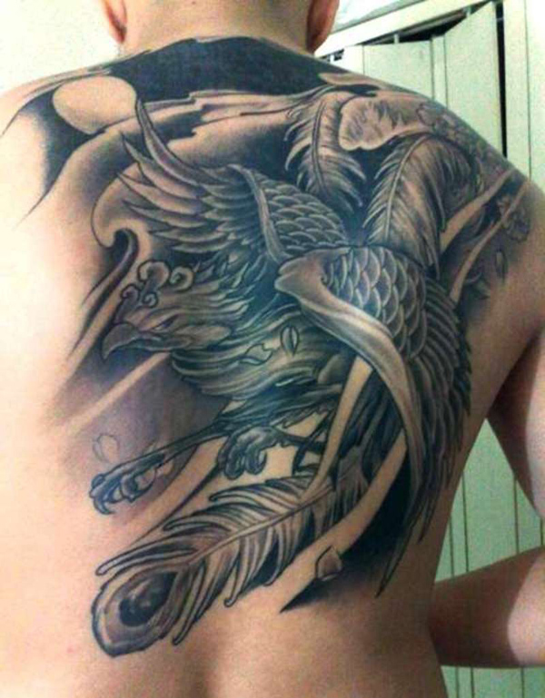 Black And Grey Flying Phoenix Tattoo On Man Full Back
