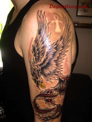Black And Grey Flying Phoenix Tattoo On Man Left Half Sleeve