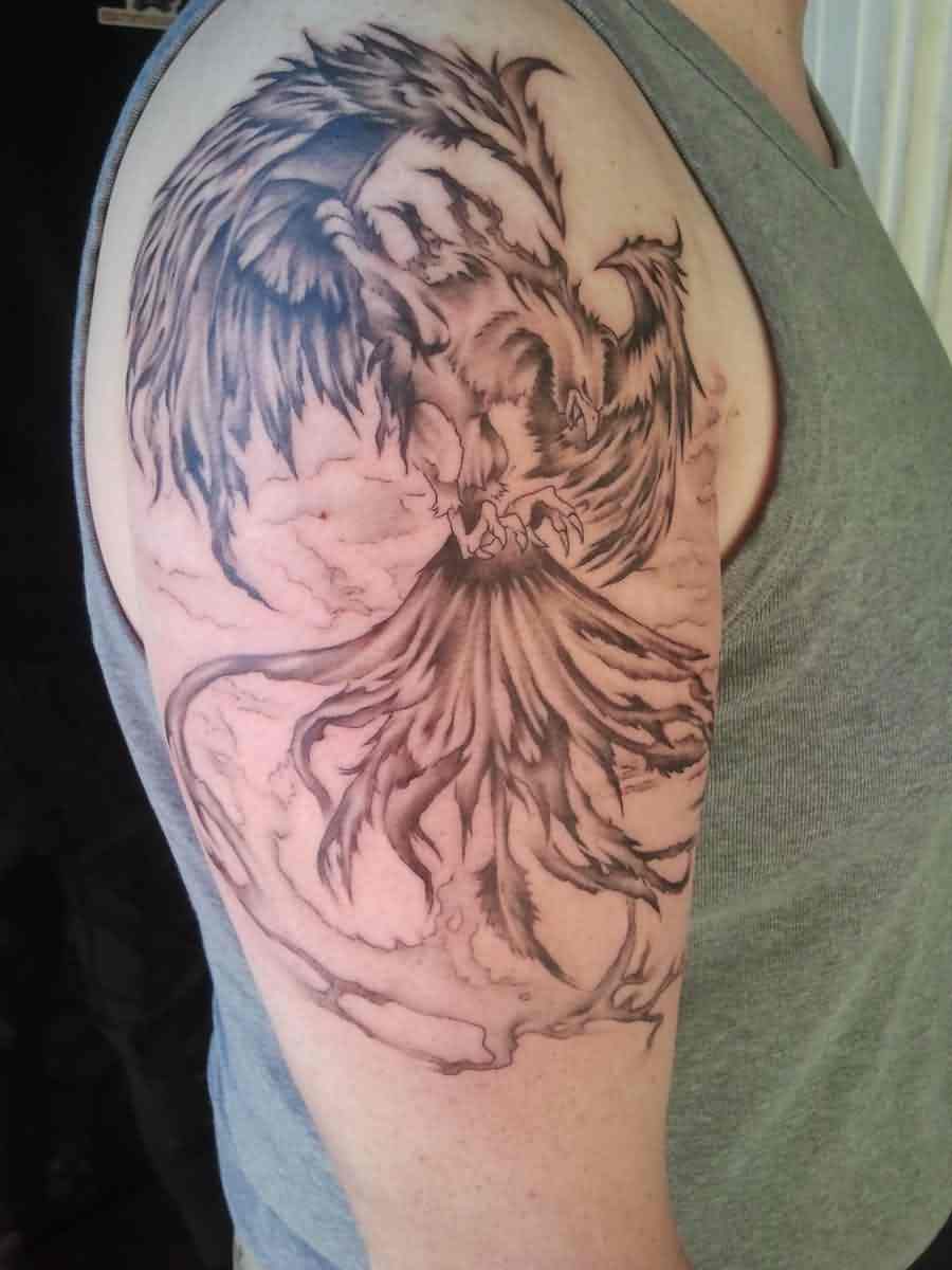 Black And Grey Flying Phoenix Tattoo On Right Upper Arm