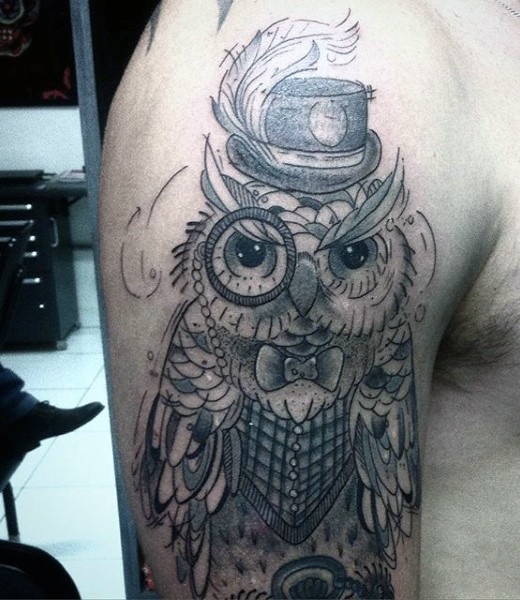 Black And Grey Gentleman Owl Tattoo On Man Right Half Sleeve