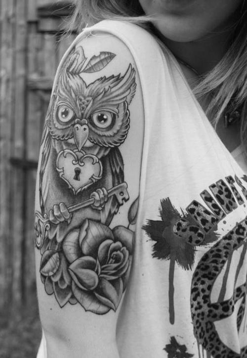 Black And Grey Heart Lock Owl With Key And Rose Tattoo On Girl Right Half Sleeve