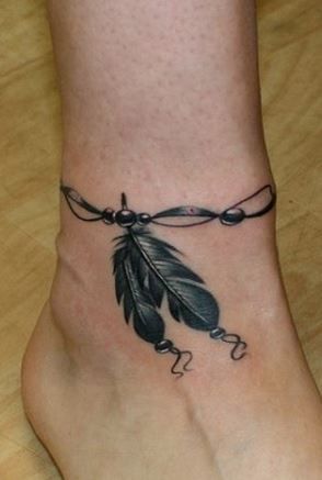 Black And Grey Indian Feather Ankle Tattoo For Girls