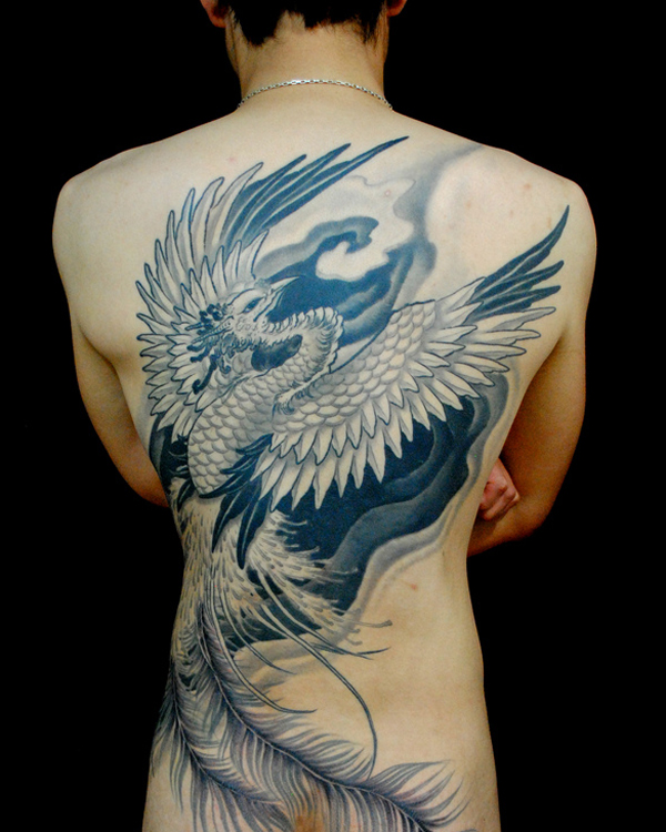 Black And Grey Japanese Phoenix Tattoo On Man Full Back