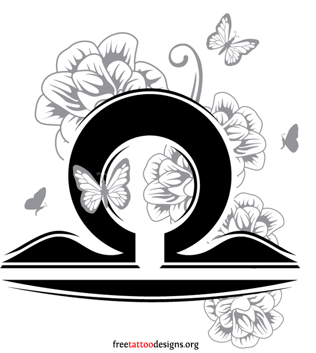 Black And Grey Libra Zodiac Sign With Flowers And Butterfly Tattoo Design