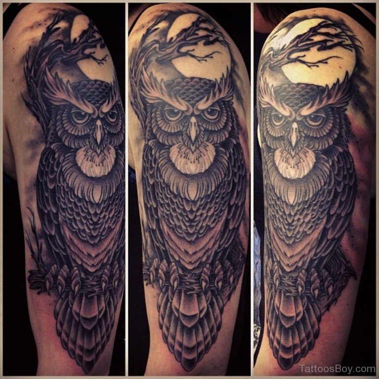 Black And Grey Owl Bird With Moon Tattoo On Left Half Sleeve