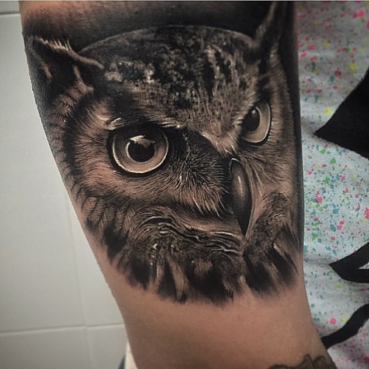 Black And Grey Owl Face 3D Tattoo Design For Leg By Samuel Rico