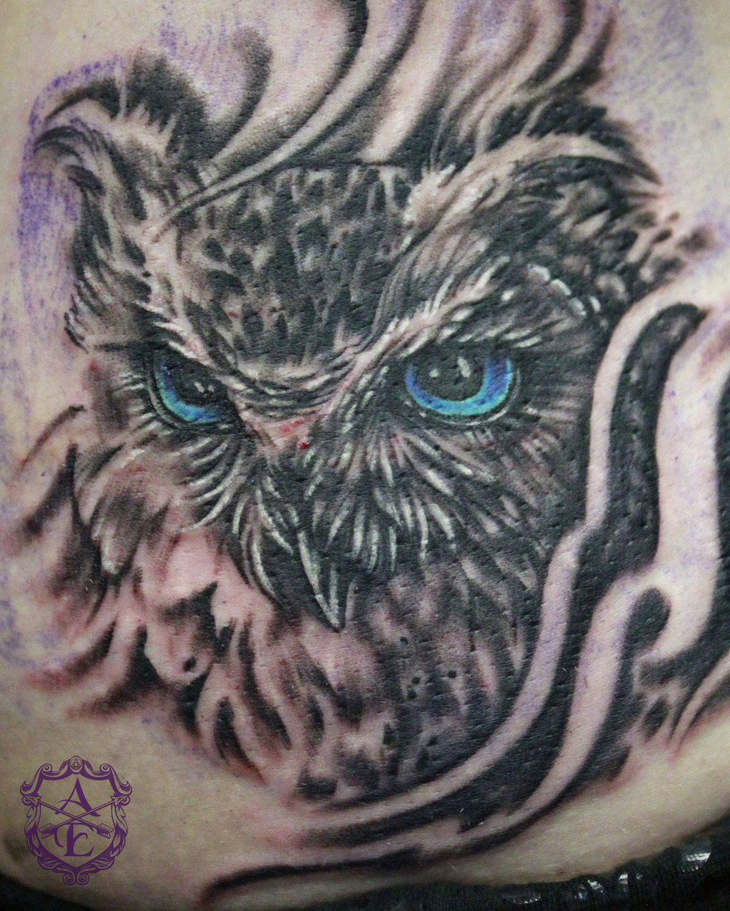 Black And Grey Owl Face Tattoo Design For Stomach