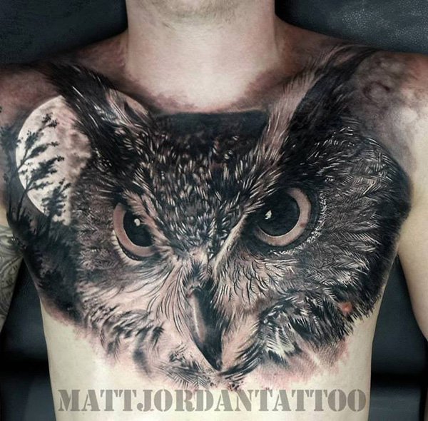 Black And Grey Owl Head With Moon Tattoo On Man Chest