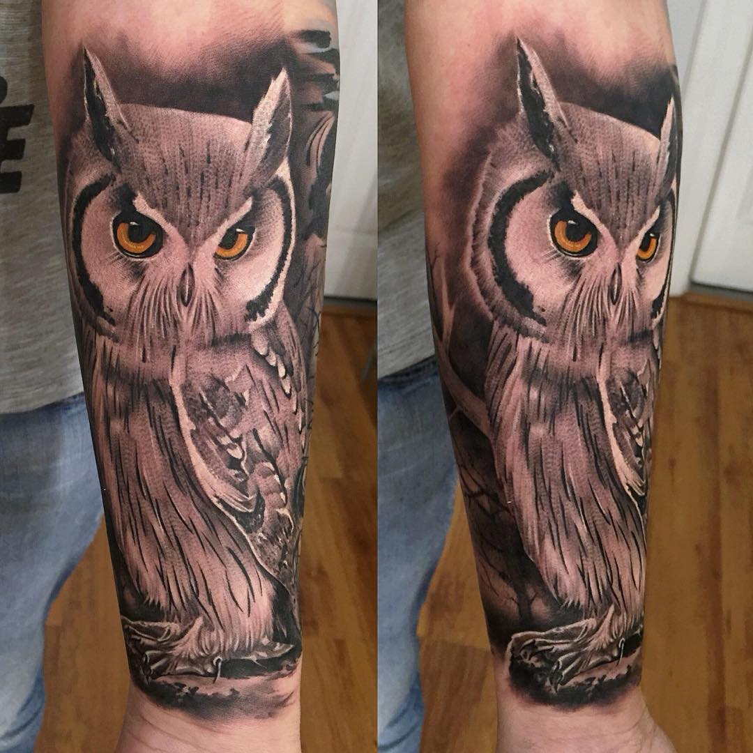Black And Grey Owl Tattoo On Forearm
