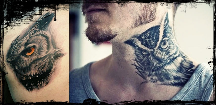 Black And Grey Owl Tattoo On Man Side Neck