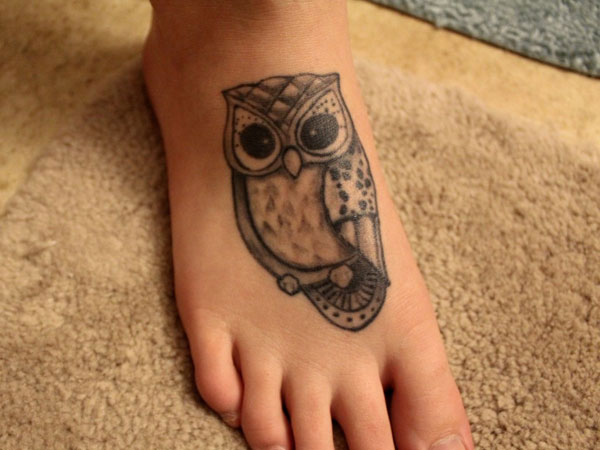 Black And Grey Owl Tattoo On Right Foot