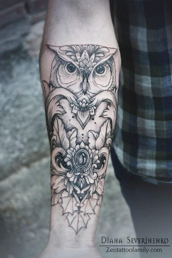 Black And Grey Owl Tattoo On Right Forearm