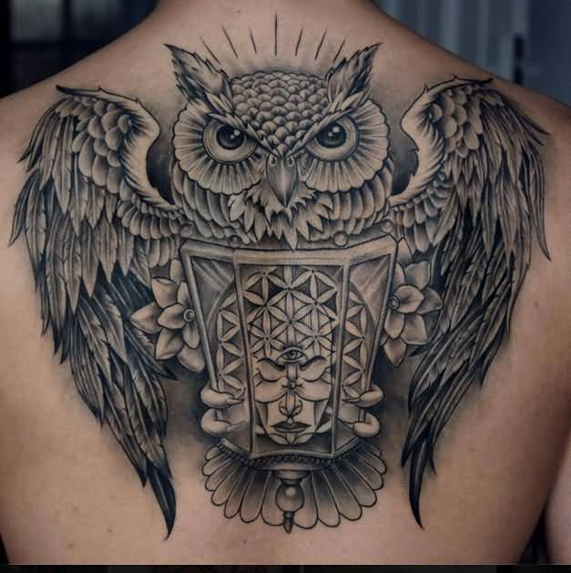 Black And Grey Owl Tattoo On Upper Back