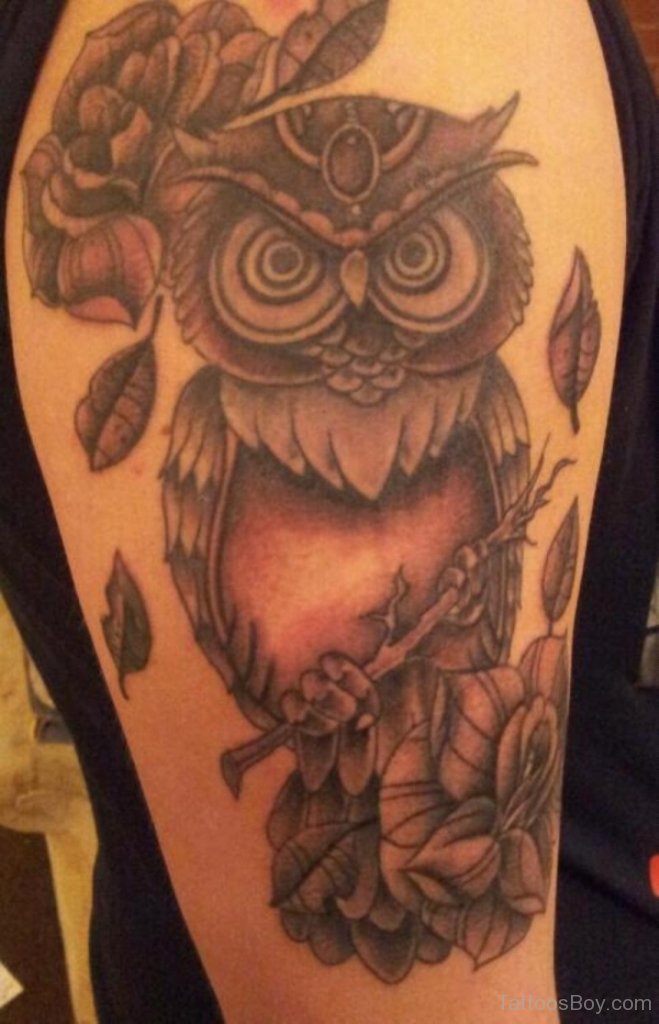 Black And Grey Owl With Flowers Tattoo On Right Half Sleeve