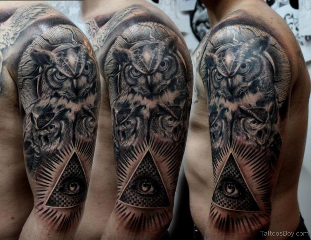 Black And Grey Owl With Illuminati Eye Tattoo On Man Left Half Sleeve