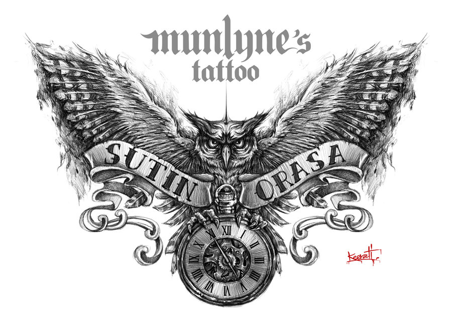 Black And Grey Owl With Pocket Watch And Banner Tattoo Design By Munlyne
