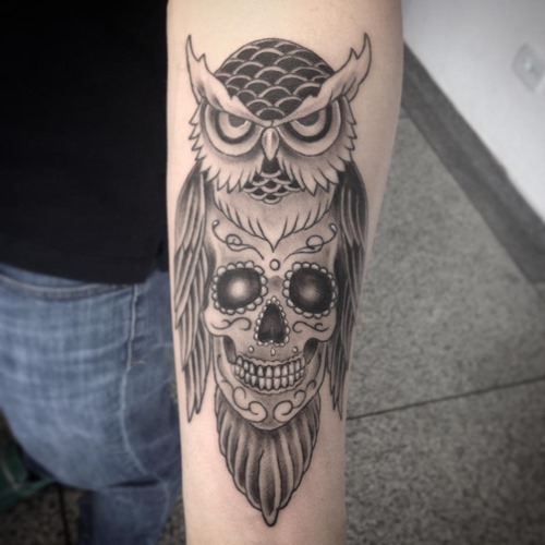 Black And Grey Owl With Skull Tattoo Design For Forearm