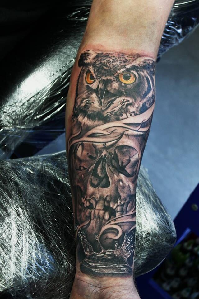 Black And Grey Owl With Skull Tattoo On Left Forearm By John Lewis
