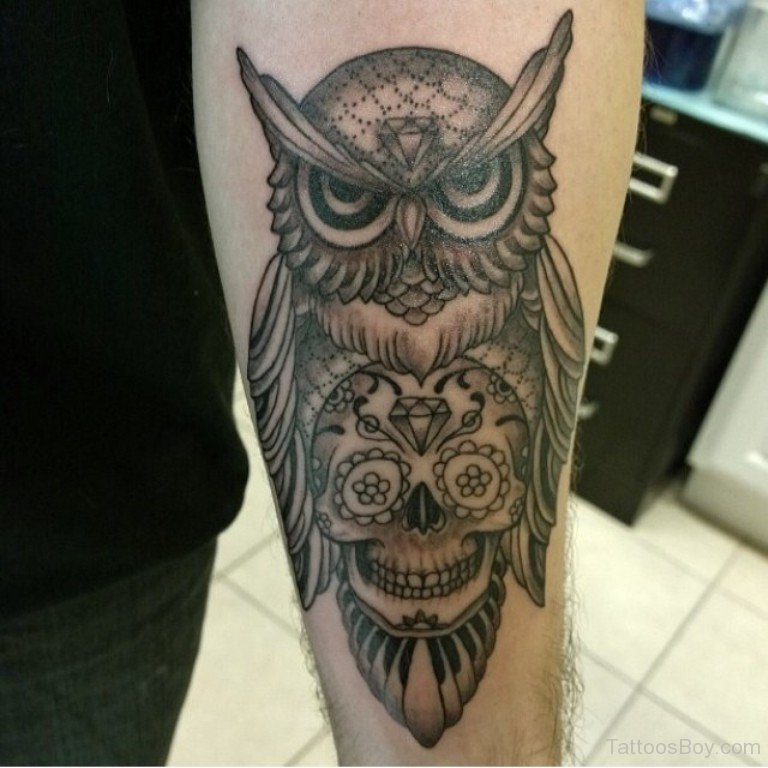 Black And Grey Owl With Sugar Skull Tattoo Design For Forearm