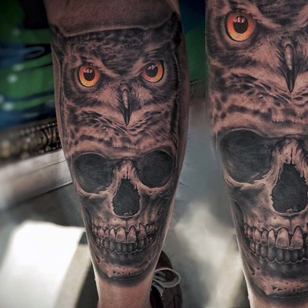 Black And Grey Owl With Sugar Skull Tattoo Design For Men Leg