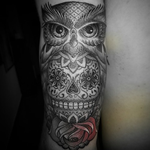 Black And Grey Owl With Sugar Skull Tattoo On Arm