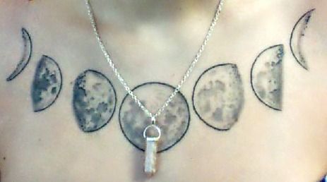 Black And Grey Phases Of The Moon Tattoo On Collarbone