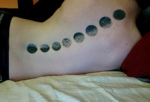 Black And Grey Phases Of The Moon Tattoo On Full Back