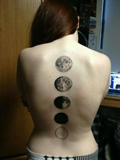 Black And Grey Phases Of The Moon Tattoo On Girl Full Back