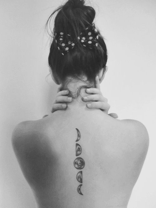 Black And Grey Phases Of The Moon Tattoo On Girl Upper Back