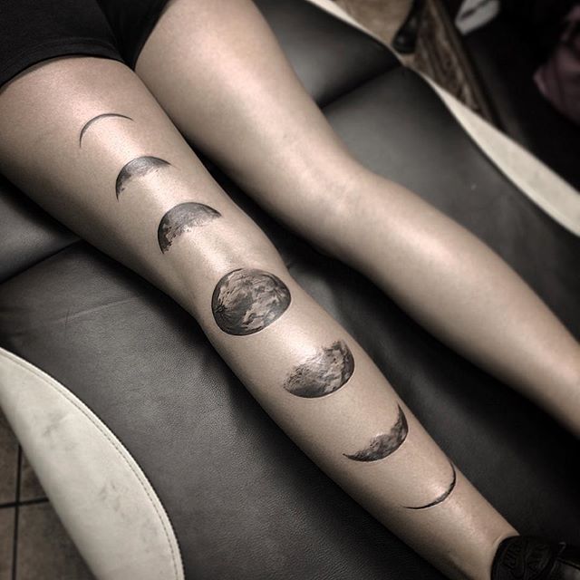 Black And Grey Phases Of The Moon Tattoo On Left Leg By Ronnyjames