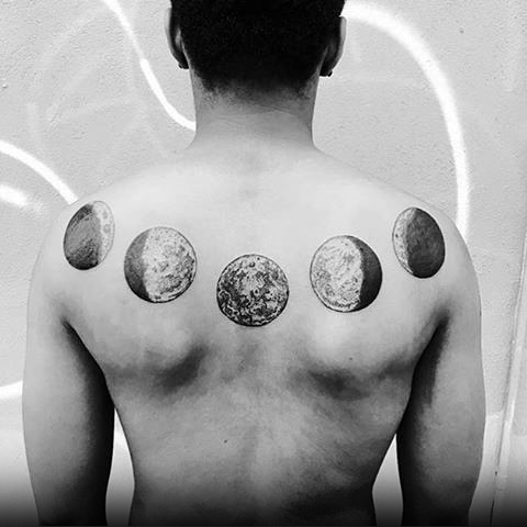 Black And Grey Phases Of The Moon Tattoo On Man Upper Back