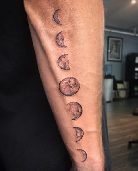 Black And Grey Phases Of The Moon Tattoo On Right Arm By Danika Brooke