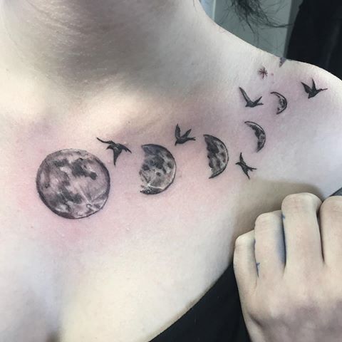 Black And Grey Phases Of The Moon With Flying Birds Tattoo On Left Front Shoulder