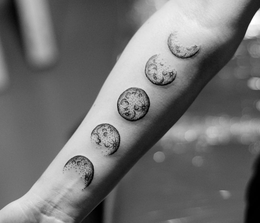 Black And Grey Phases of The Moon Tattoo On Right Forearm