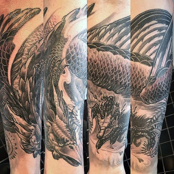 Black And Grey Phoenix Tattoo Design For Forearm