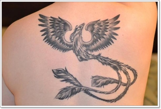 Black And Grey Phoenix Tattoo Design For Thigh