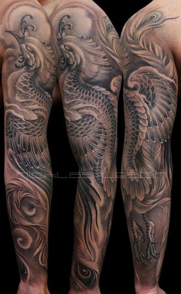 Black And Grey Phoenix Tattoo On Full Sleeve