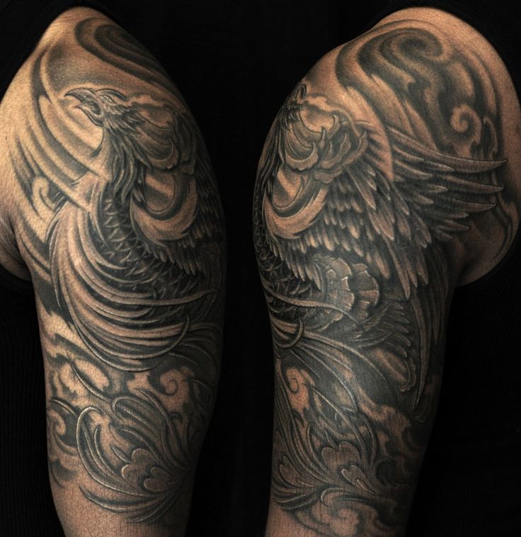Black And Grey Phoenix Tattoo On Left Half Sleeve