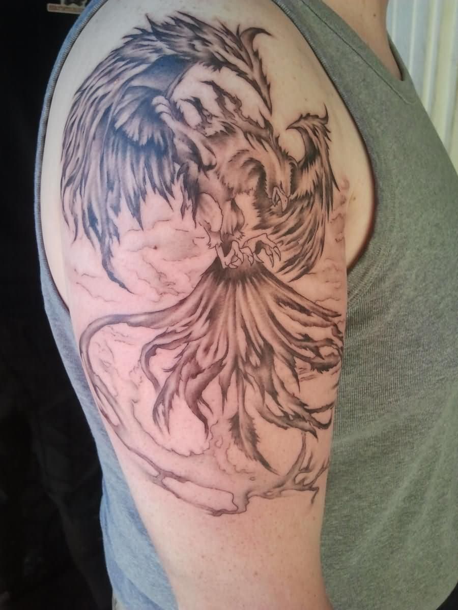 Black And Grey Phoenix Tattoo On Man Right Half Sleeve