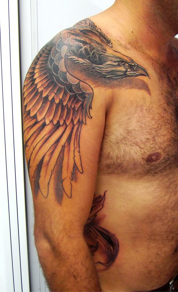 Black And Grey Phoenix Tattoo On Man Right Shoulder