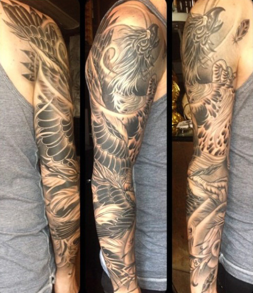 Black And Grey Phoenix Tattoo On Right Full Sleeve