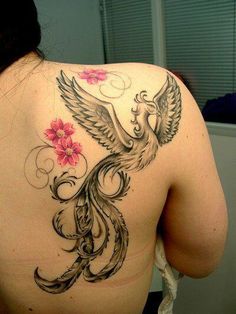 Black And Grey Phoenix With Flowers Tattoo On Right Back Shoulder