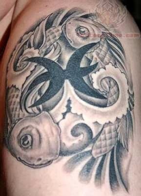 Black And Grey Pisces Zodiac Sign Tattoo Design For Shoulder